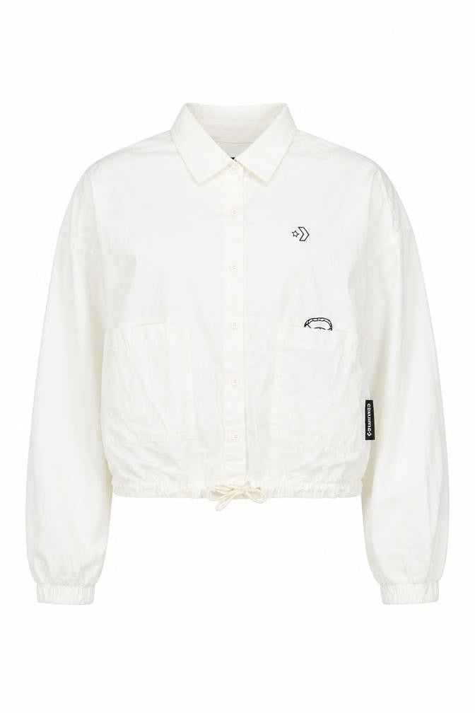 Front view of Converse Women’s White Cotton Cropped Jacket, size UK 12, Collared Casual