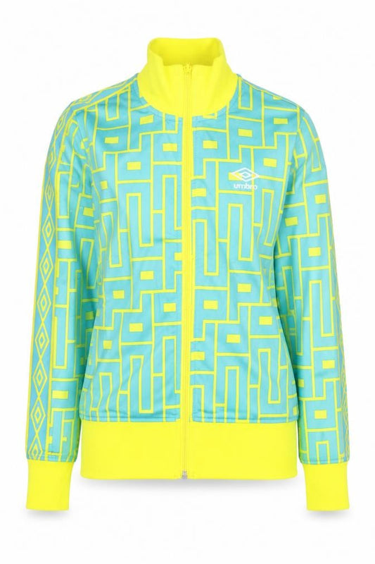Front view of Umbro Women’s Blue Geometric Track Jacket, size UK 12, Full Zip Sportswear