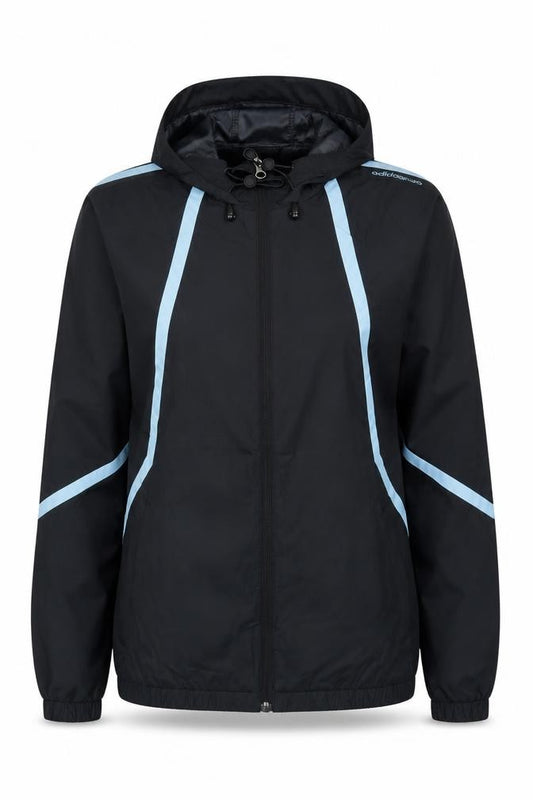 Front view of Adidas Women’s Black Floral Print Windbreaker Jacket, size UK 12