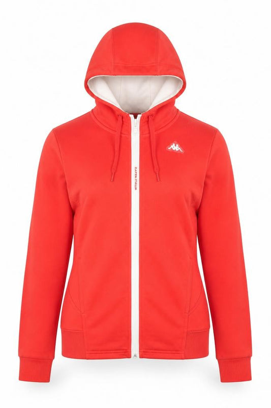 Front view of Kappa women’s red full zip hoodie, size UK 8, uk cotton blend