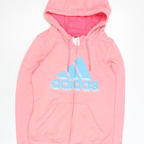 Adidas Womens Pink Full Zip Hoodie Size 8 UK Logo Print Sportswear