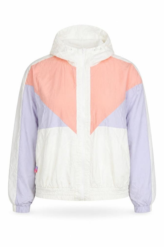 Front view of Xtep women’s white pink purple windbreaker jacket, size UK 16, hooded lightweight
