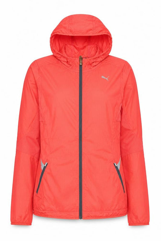 Front view of Puma women’s red windbreaker jacket, size UK 8, hooded reflective