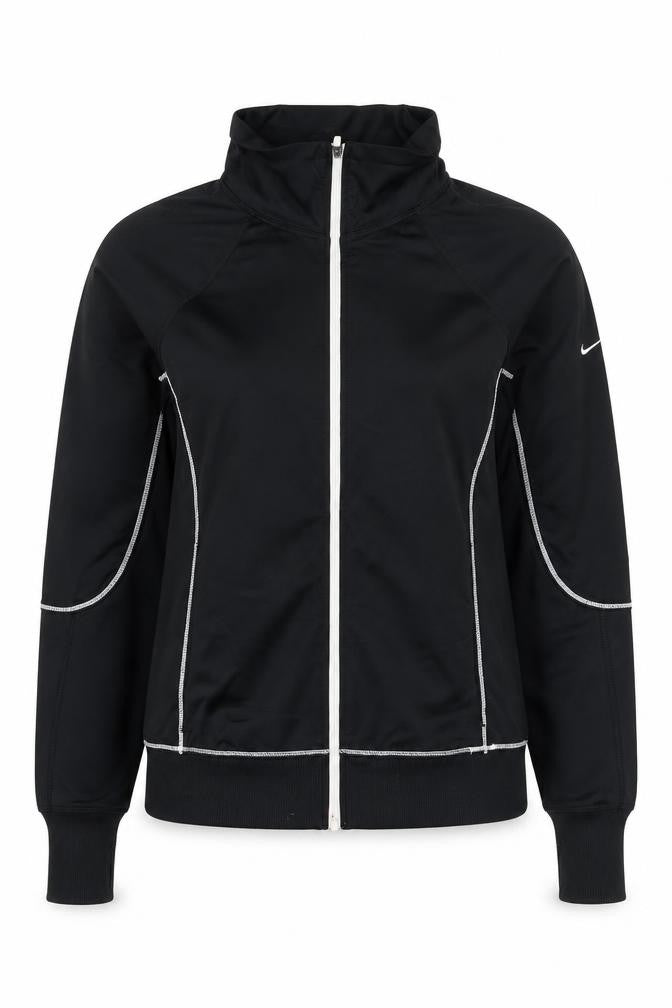 Front view of Nike women’s black m dri-fit track jacket running gym zip up