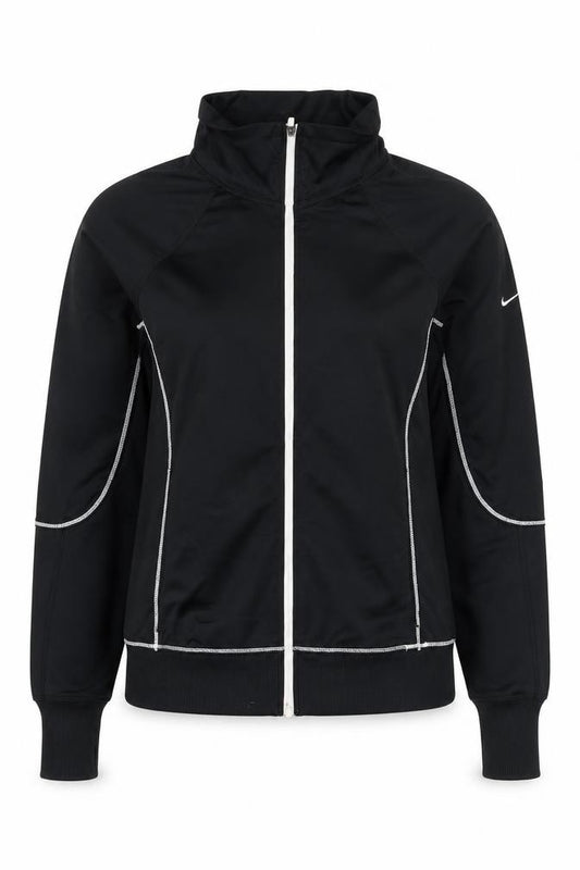 Front view of Nike women’s black m dri-fit track jacket running gym zip up