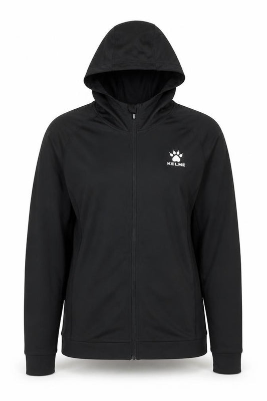 Front view of Kelme women’s black l track jacket lightweight hooded sportswear