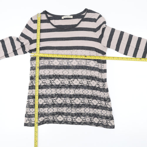 Betty Barclay Womens Grey Beige Stripe Lace Long Sleeve T-Shirt Size 12