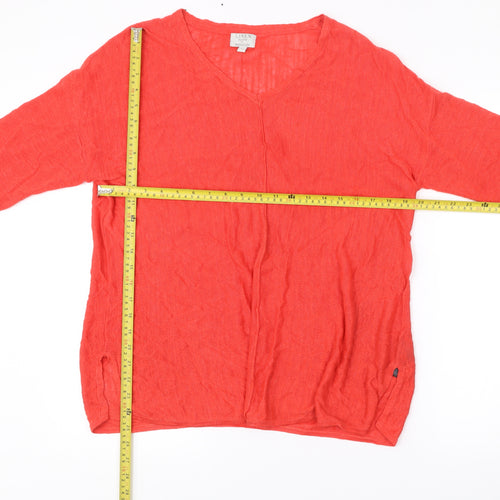 Monsoon Women’s Red Linen Blend Tunic Blouse L V-Neck 3/4 Sleeve