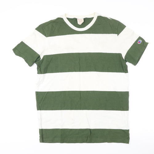 Champion Men's Green White Striped Crew Neck Cotton T-Shirt Size M