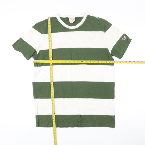 Champion Men's Green White Striped Crew Neck Cotton T-Shirt Size M