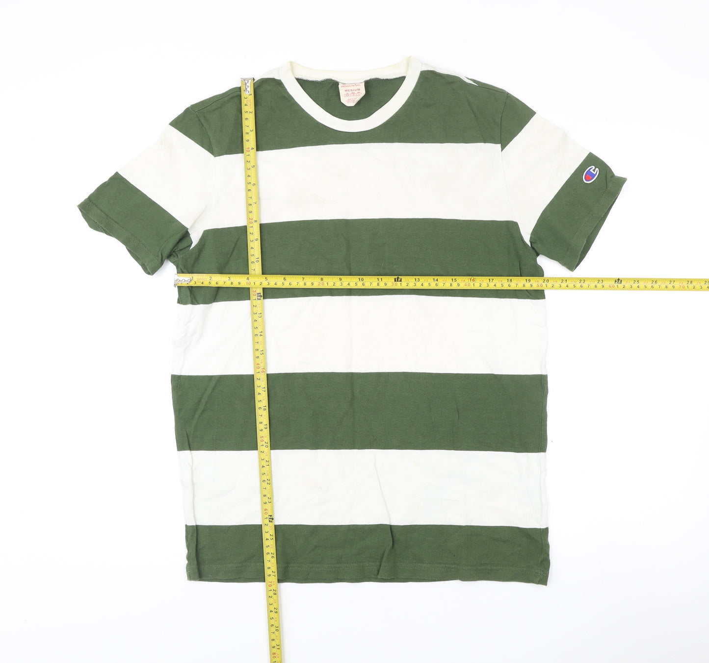 Champion Men's Green White Striped Crew Neck Cotton T-Shirt Size M