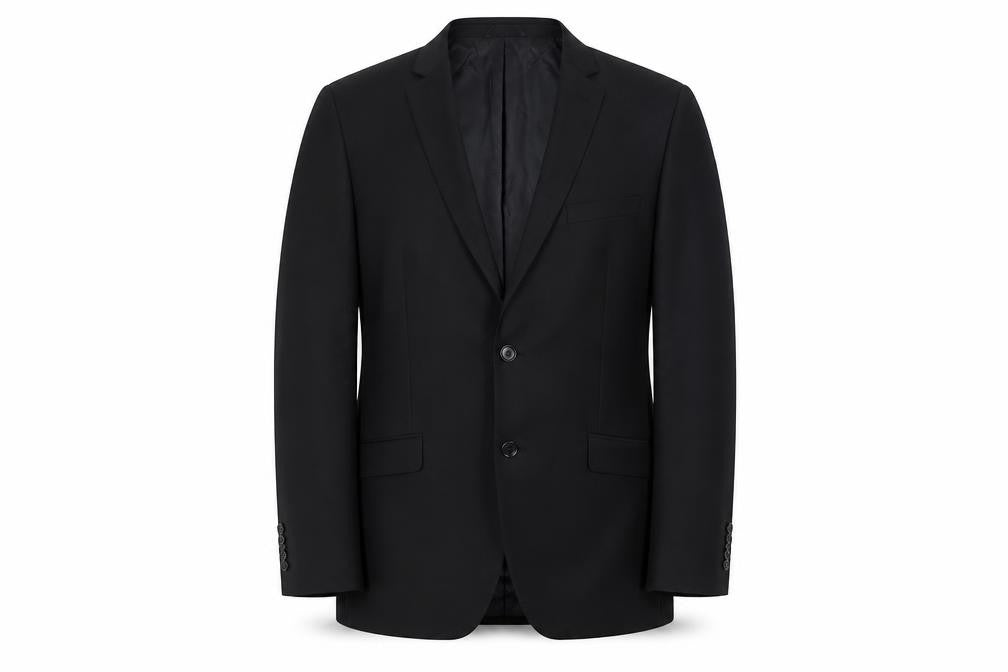Front view of Burton men’s black wool blend blazer jacket 42r notch lapel business