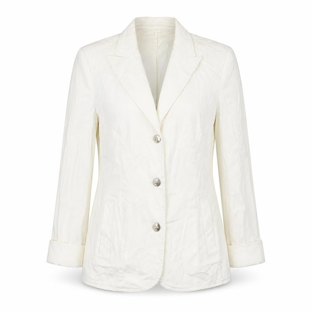 Front view of Betty Barclay women’s white cotton blend suit jacket, size UK 12