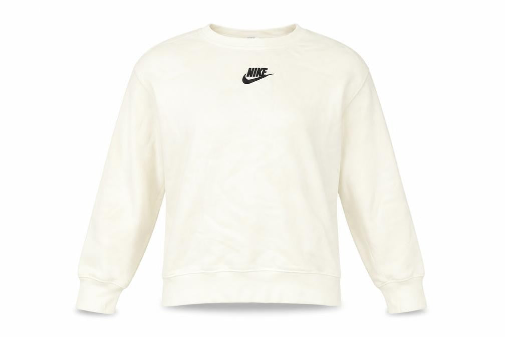 Front view of Nike women’s ivory small pullover sweatshirt logo crew neck