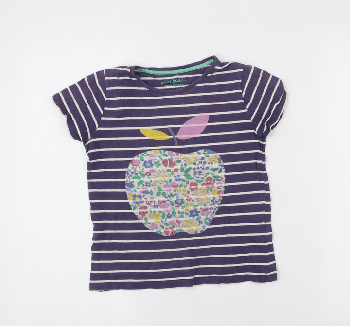 Mini Boden Girls Purple Striped T-Shirt 12-14Y Cotton Crew Neck Graphic