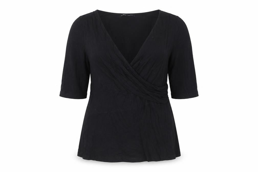Front view of Cable & Gauge women’s black wrap blouse l 3/4 sleeve viscose top