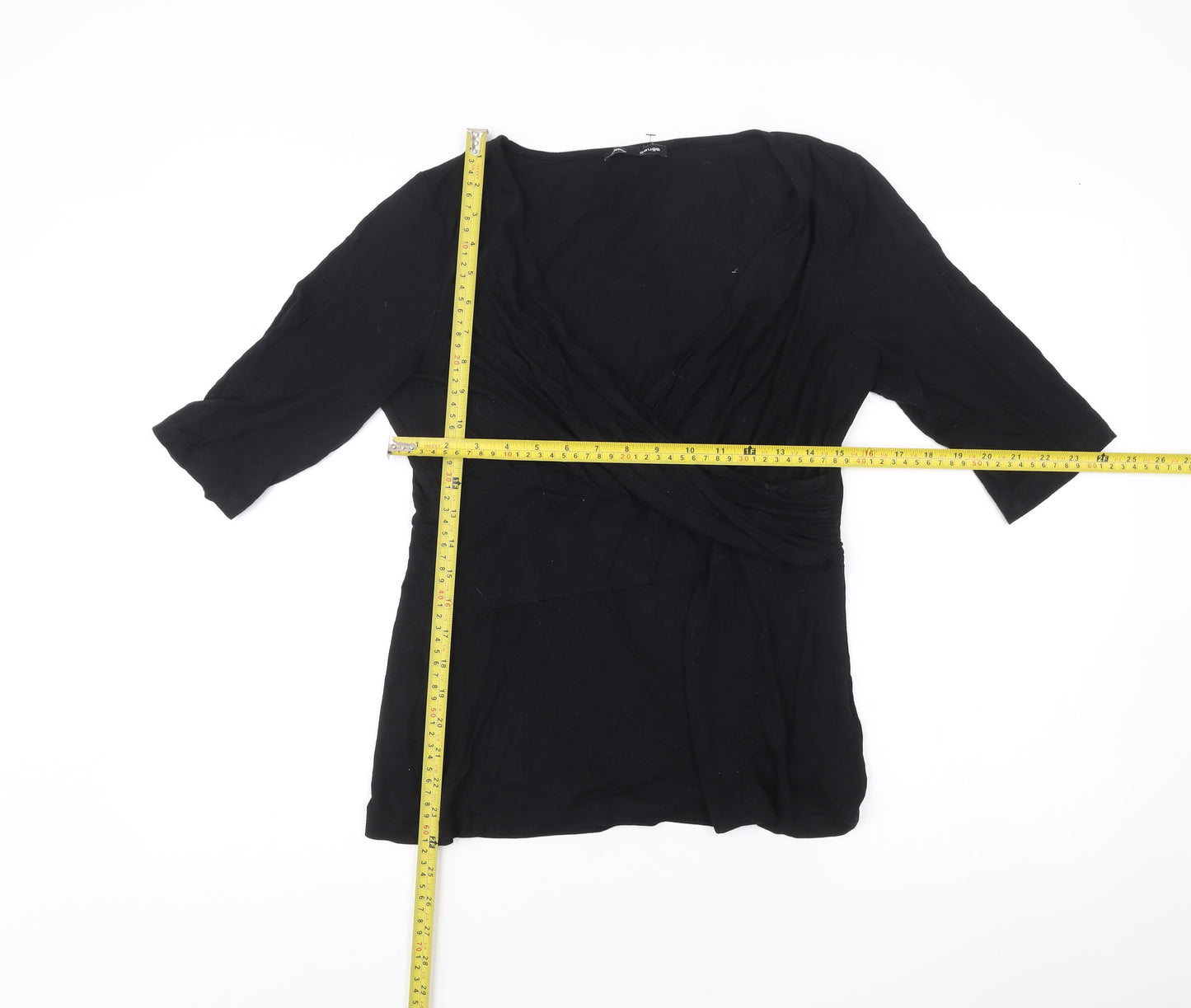 Cable & Gauge Womens Black Wrap Blouse L 3/4 Sleeve Viscose Top