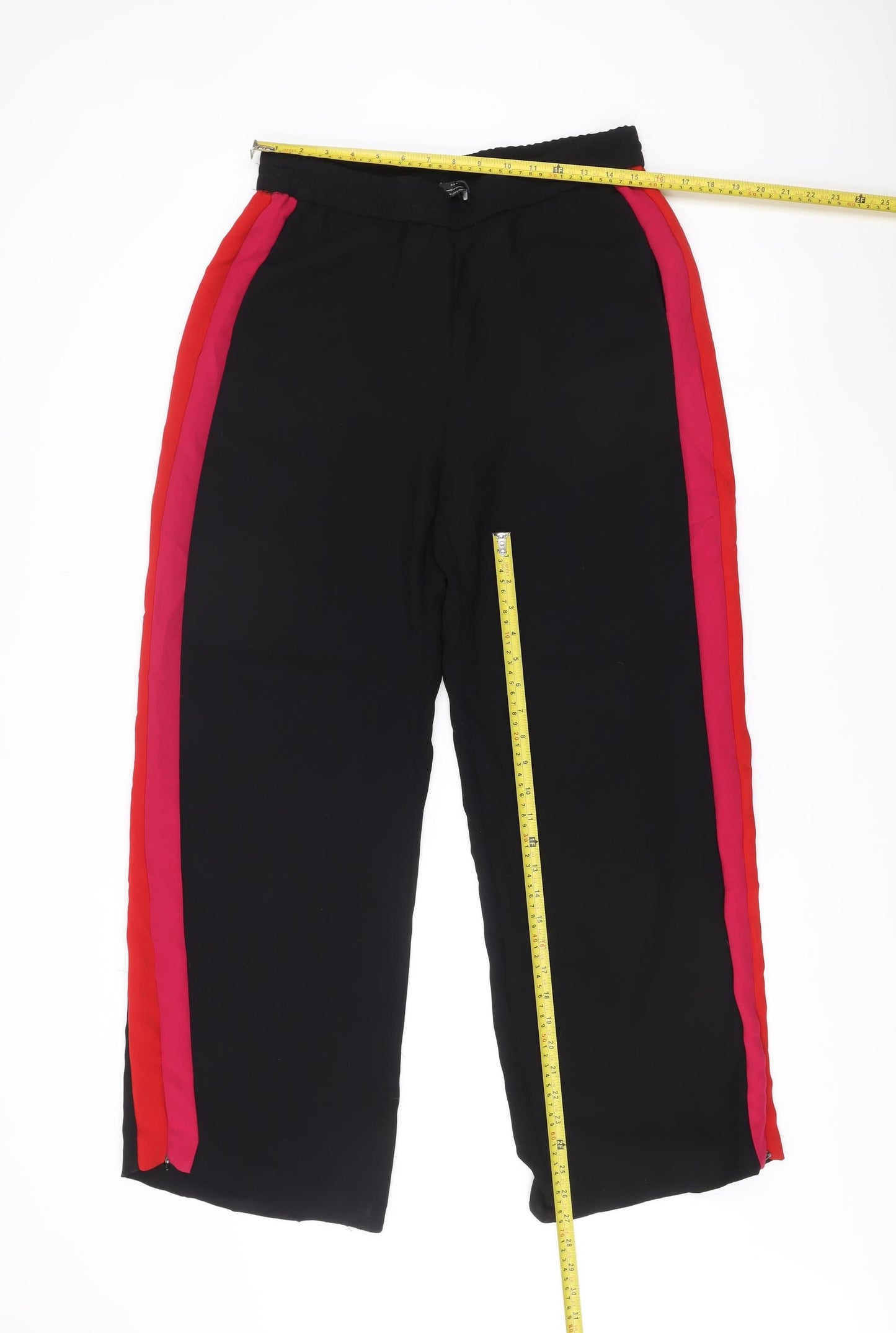 Zara Women Black Jogger Trousers L Elastic Waist Stripe Polyester