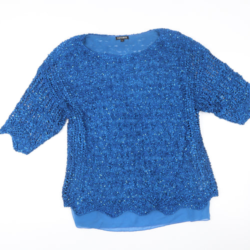 Casamia Women’s Blue Sequin Crochet Tunic Blouse Size L Party Top
