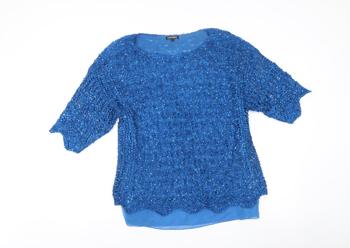 Casamia Women’s Blue Sequin Crochet Tunic Blouse Size L Party Top