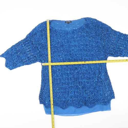 Casamia Women’s Blue Sequin Crochet Tunic Blouse Size L Party Top