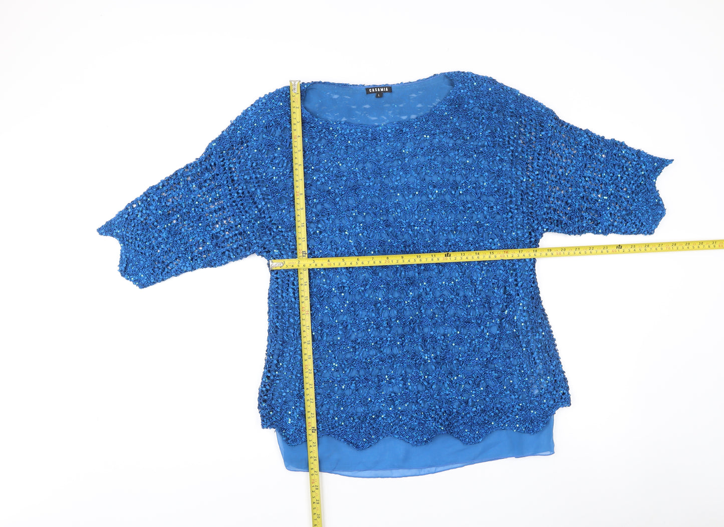 Casamia Women’s Blue Sequin Crochet Tunic Blouse Size L Party Top
