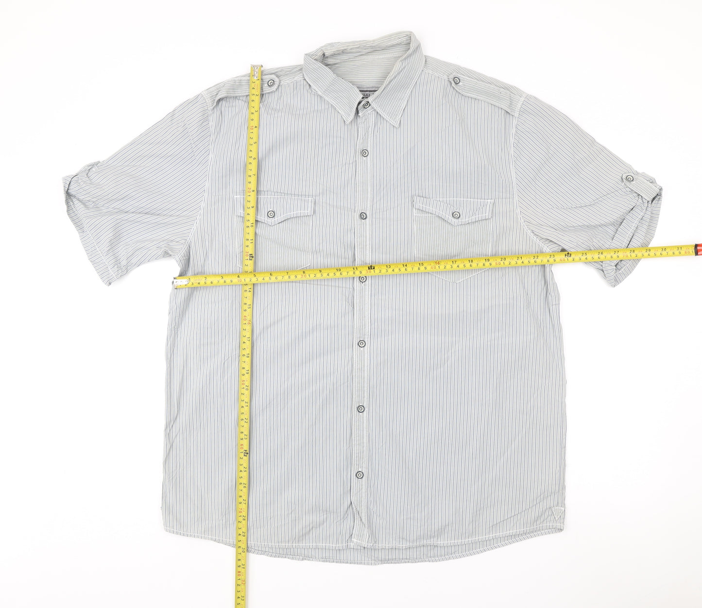Next Men’s Grey Striped Short Sleeve Button-Up Shirt XL