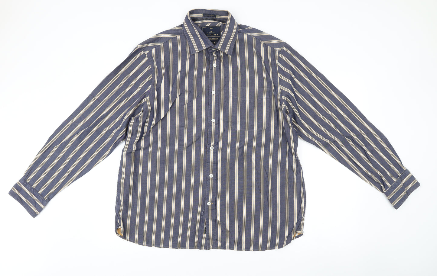 Marks and Spencer Blue Harbour Men’s Blue Striped Cotton XL Long Sleeve Shirt