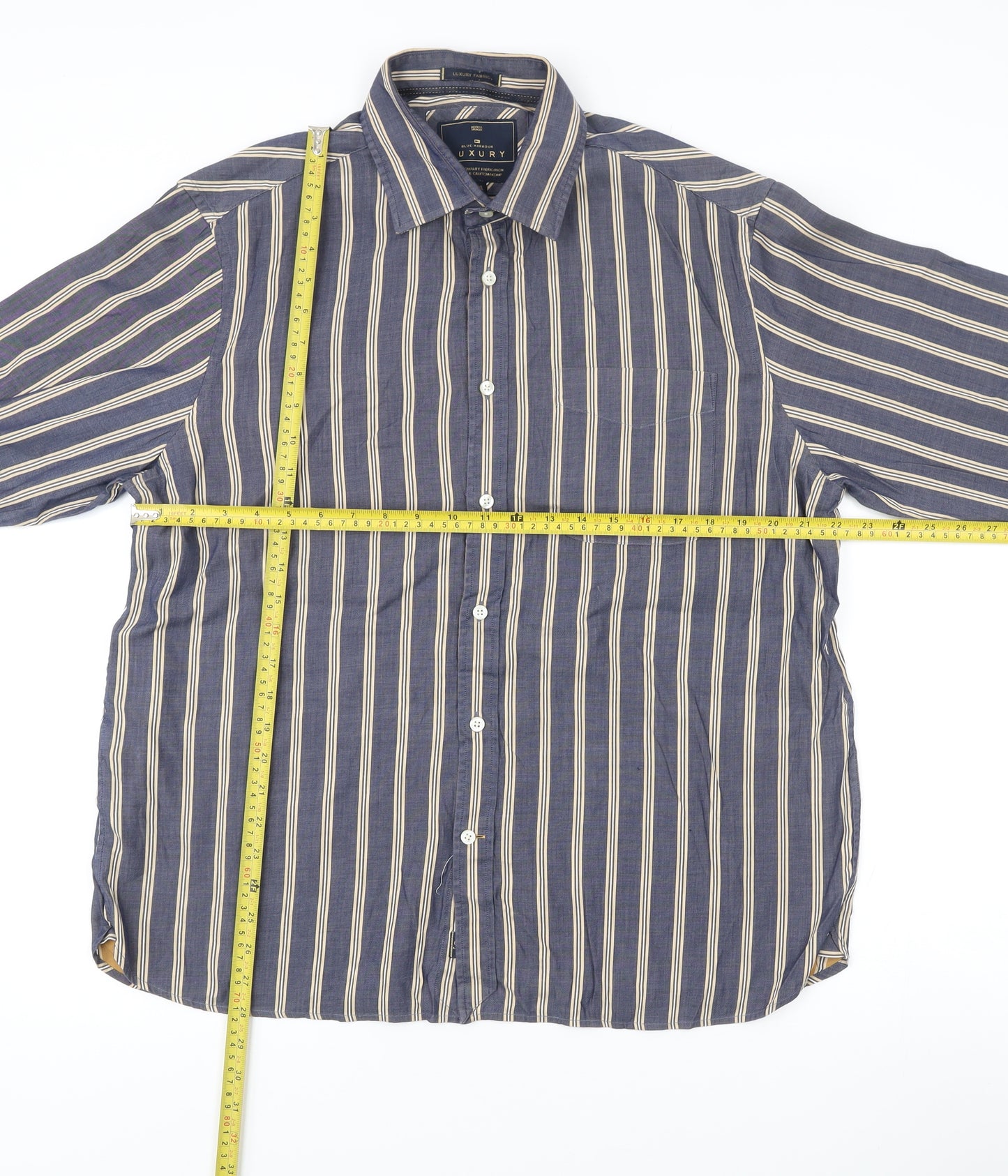 Marks and Spencer Blue Harbour Men’s Blue Striped Cotton XL Long Sleeve Shirt