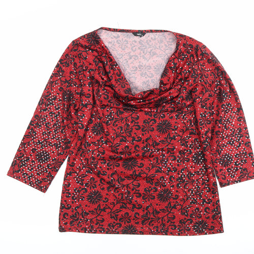 M&Co Women’s Red Floral Sequin Blouse Size 16 Cowl Neck Tunic