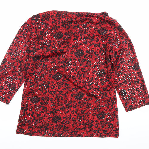 M&Co Women’s Red Floral Sequin Blouse Size 16 Cowl Neck Tunic