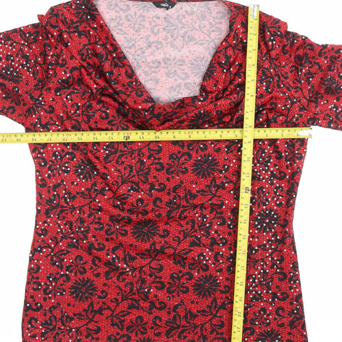 M&Co Women’s Red Floral Sequin Blouse Size 16 Cowl Neck Tunic