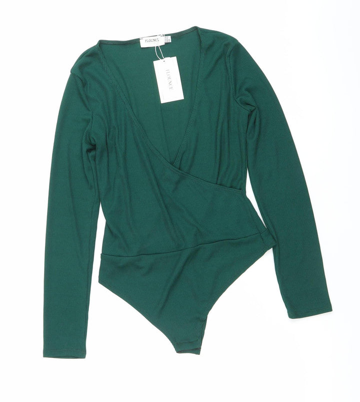 Flounce Womens Green Size 6 Slim Fit Long Sleeve V-Neck Bodysuit