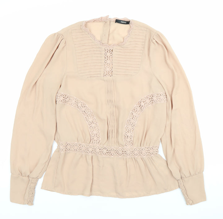 Oasis Women’s Beige Lace Trim Long Sleeve Tunic Blouse Size 8