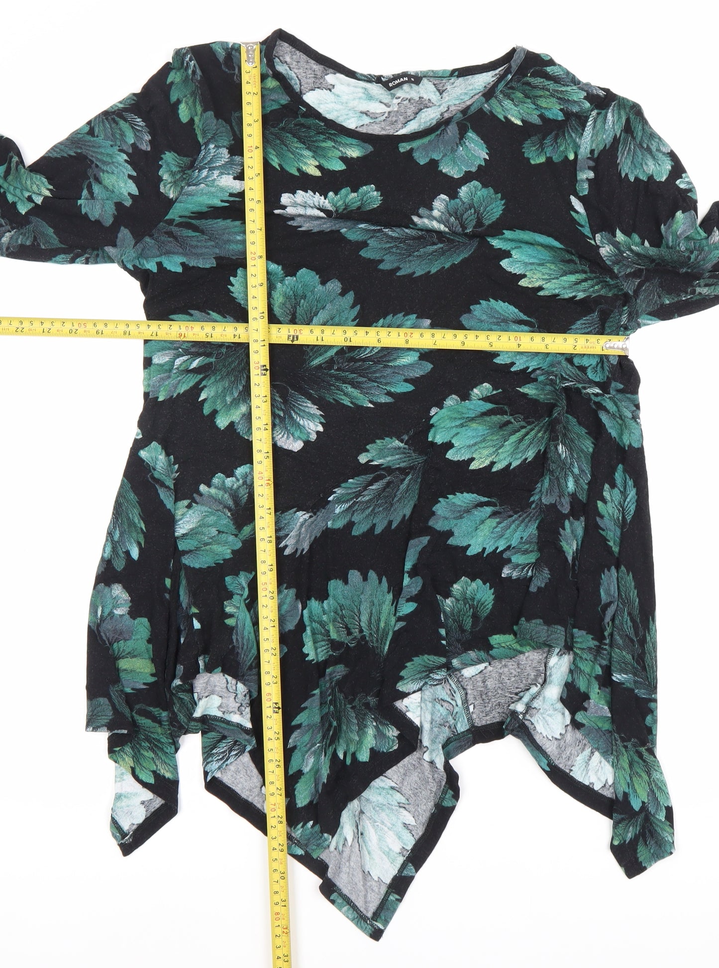 Roman Women’s Black Green Floral Tunic Blouse Size 16 3/4 Sleeve