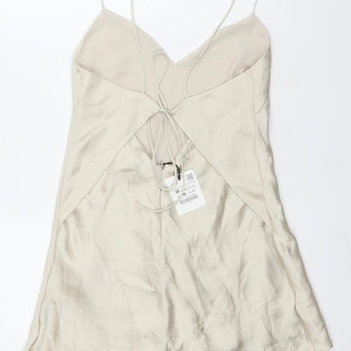 Zara Women Beige M Slip Dress Sleeveless V-Neck Summer