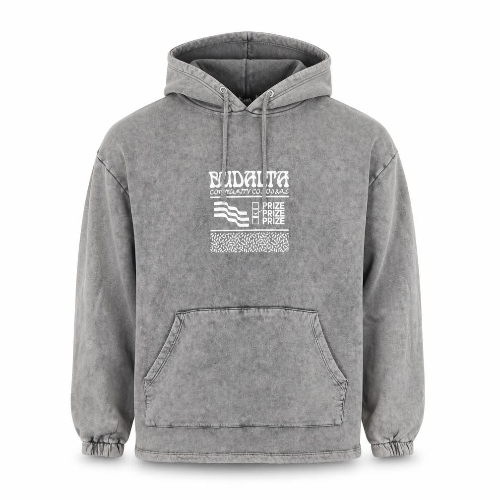 Front view of ASOS DESIGN men’s grey pullover hoodie m graphic print hooded sweatshirt