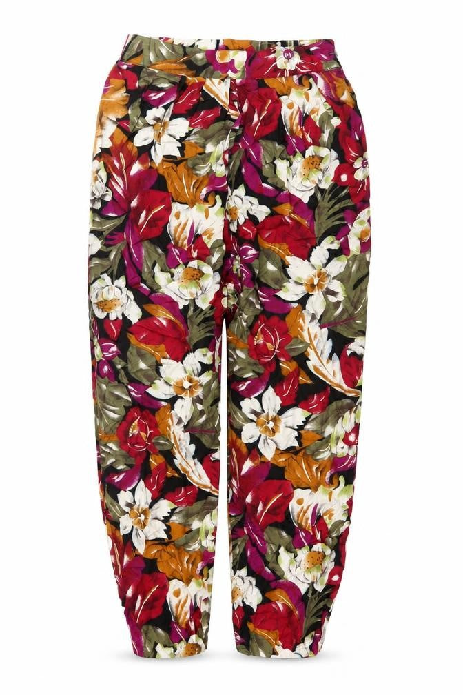 Front view of The Clothes Tree women’s multicoloured floral harem trousers, size UK 8