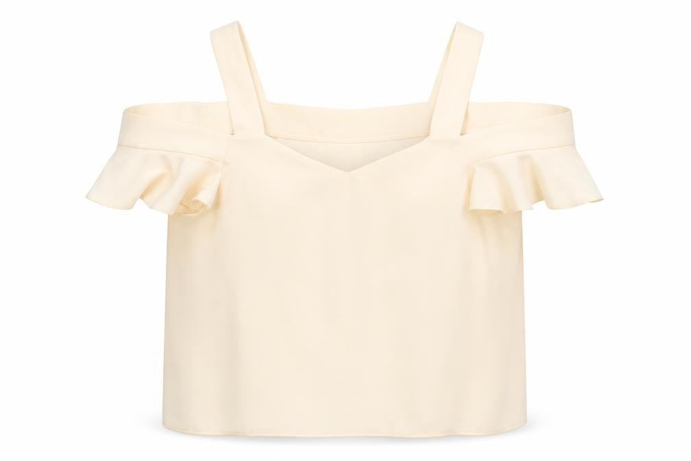 Front view of Topshop women’s ivory ruffle cold shoulder camisole blouse, size UK 14