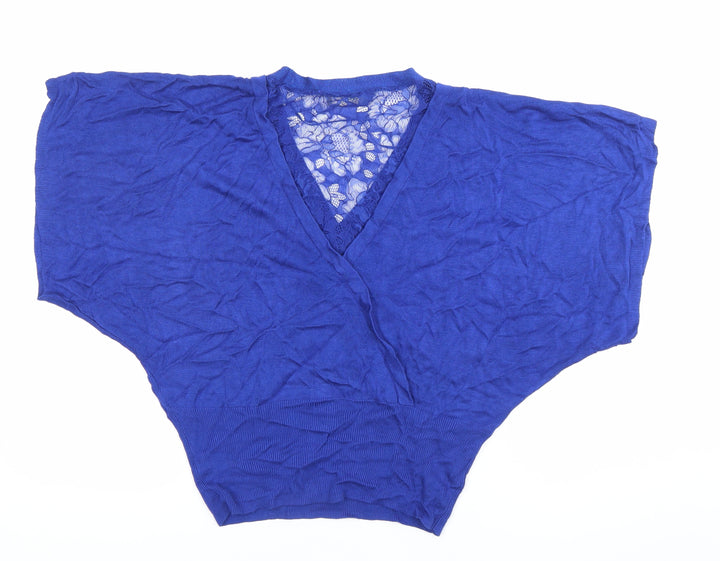 Oasis Women’s Blue Wrap Lace Accent Blouse Size S Viscose Knit