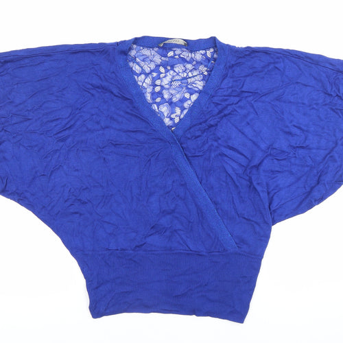 Oasis Women’s Blue Wrap Lace Accent Blouse Size S Viscose Knit