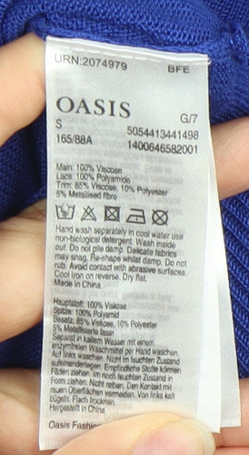 Oasis Women’s Blue Wrap Lace Accent Blouse Size S Viscose Knit