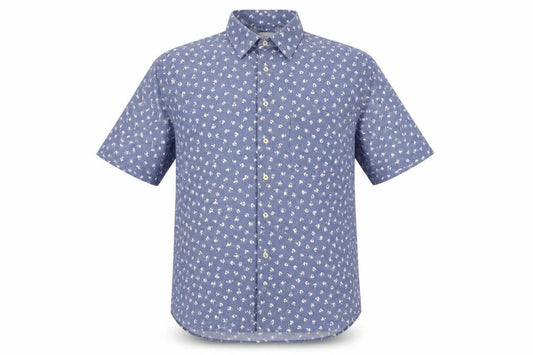 Front view of Laine Taylor Men's Blue Floral Short Sleeve Cotton Button-Up Shirt M