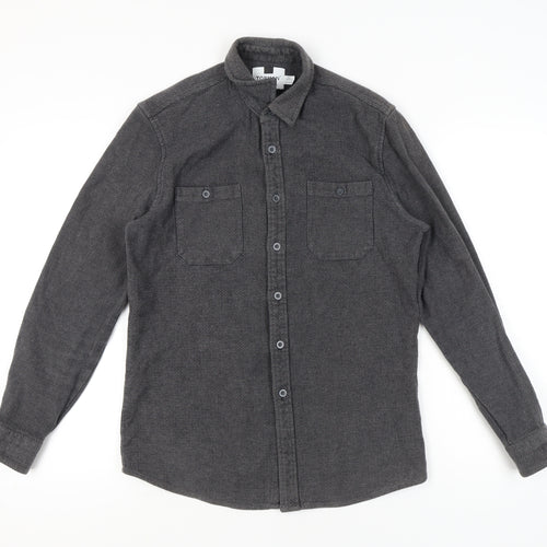 Topman Men's Grey Cotton Herringbone Button-Up Shirt S