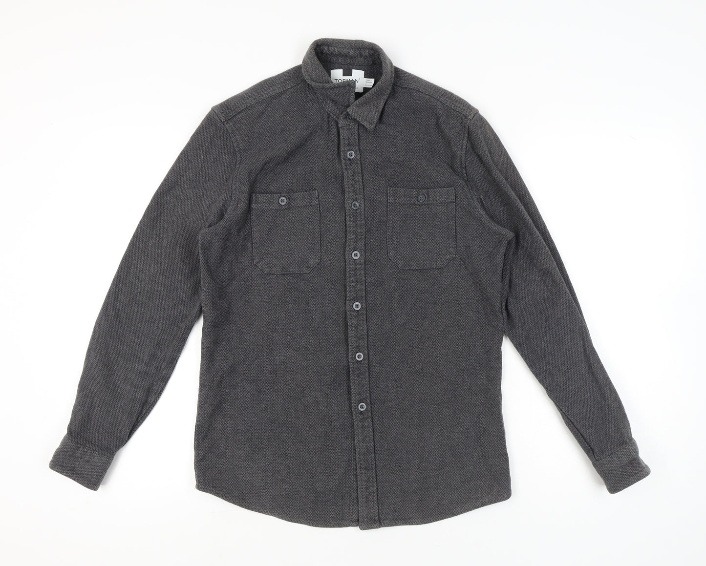 Topman Men's Grey Cotton Herringbone Button-Up Shirt S