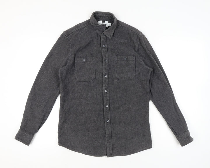 Topman Men's Grey Cotton Herringbone Button-Up Shirt S