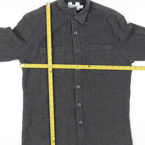 Topman Men's Grey Cotton Herringbone Button-Up Shirt S