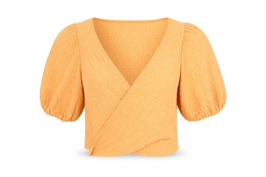 Front view of Monki Women’s Orange Wrap Puff Sleeve Blouse Top, size S