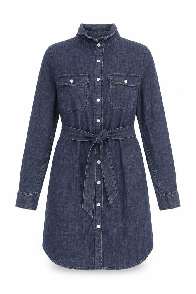 Lands' End Women’s Blue Denim Shirt Dress XS Long Sleeve Belted