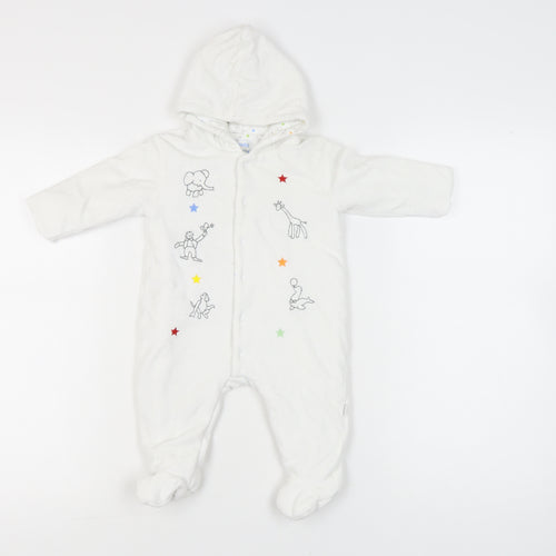 JoJo Maman Bébé White Unisex Baby Babygrow 3-6M Hooded Embroidered Animals